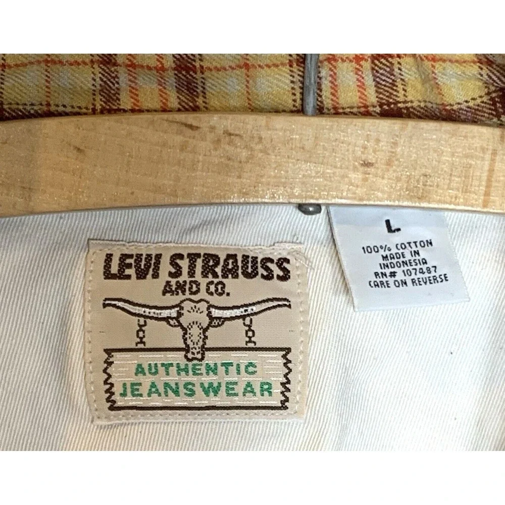 Levi Strauss Flannel Shirt Mens Large Plaid Western Pearl Snap Distressed Cotton